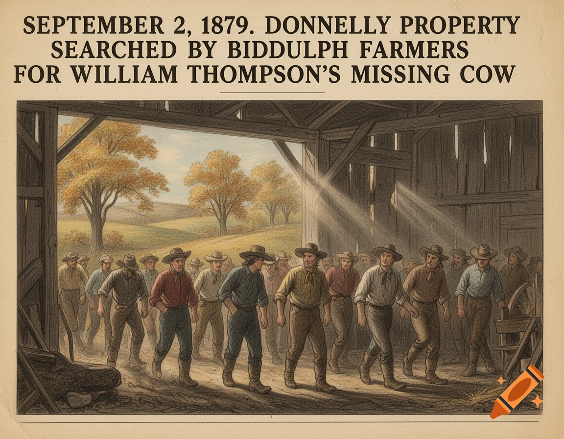 A group of pioneer farmers entering an old barn to search for a missing cow, depicted in a historical illustration style.
