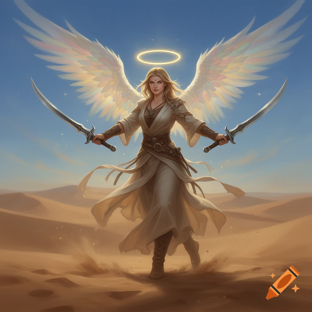 A winged Aasimar warrior with a halo, wielding two scimitars, walks ...