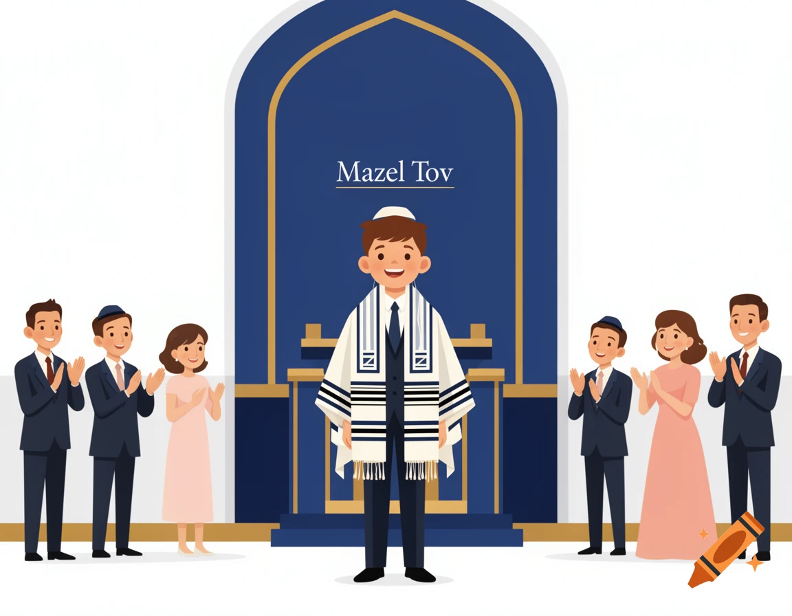 Illustration of a boy in a tallit and yarmulke celebrating his Bar Mitzvah with family, 'Mazel Tov' text above.