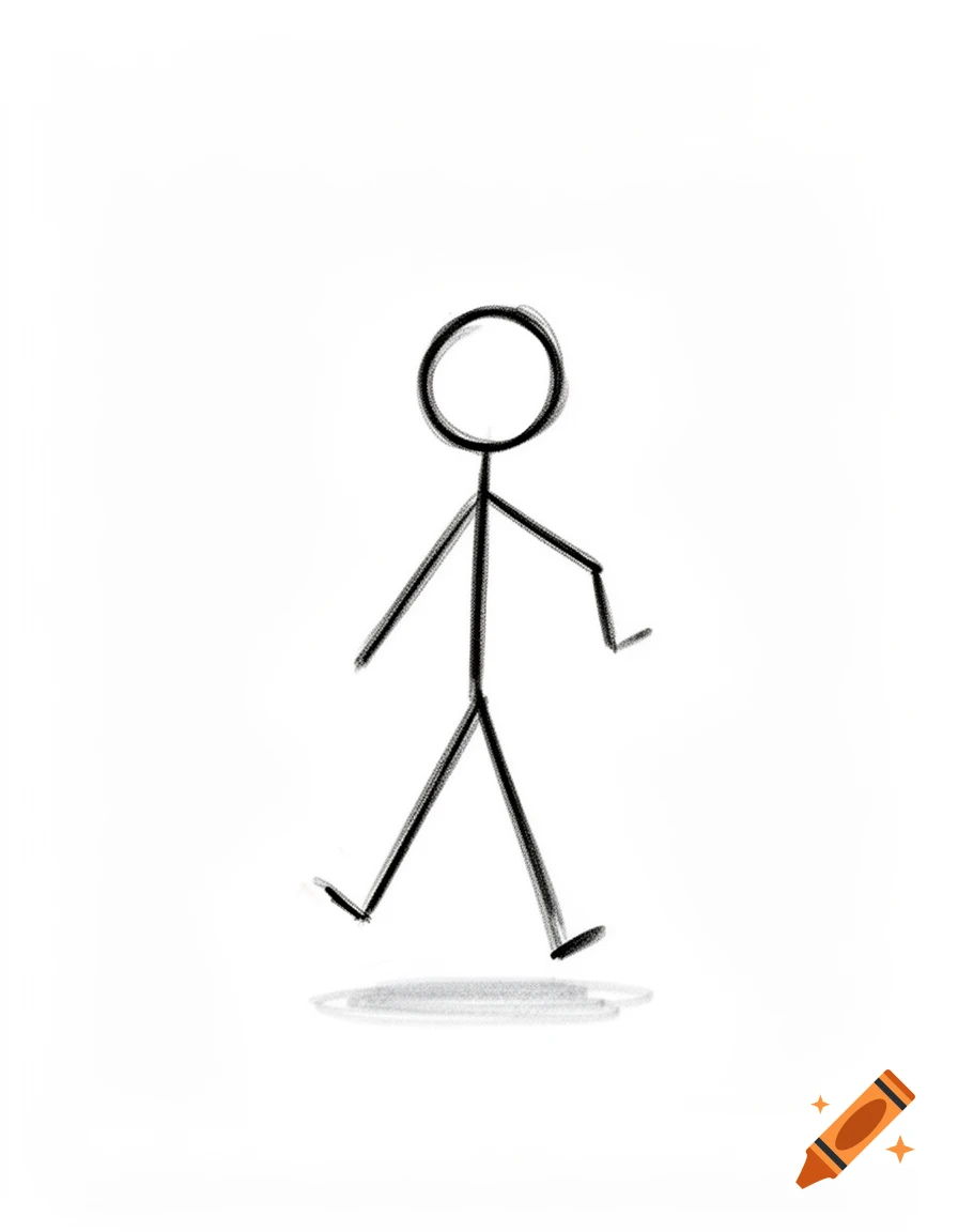 A simple black stick figure walking, with a subtle shadow beneath its feet, on a white background.