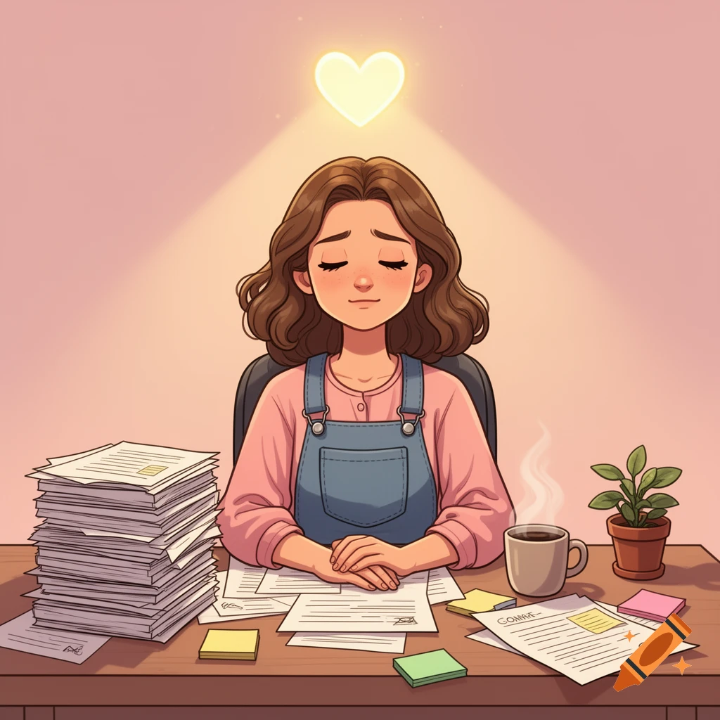 A cartoon woman with closed eyes sits at a desk cluttered with paperwork, a glowing heart above her head, in a cozy pastel scene.