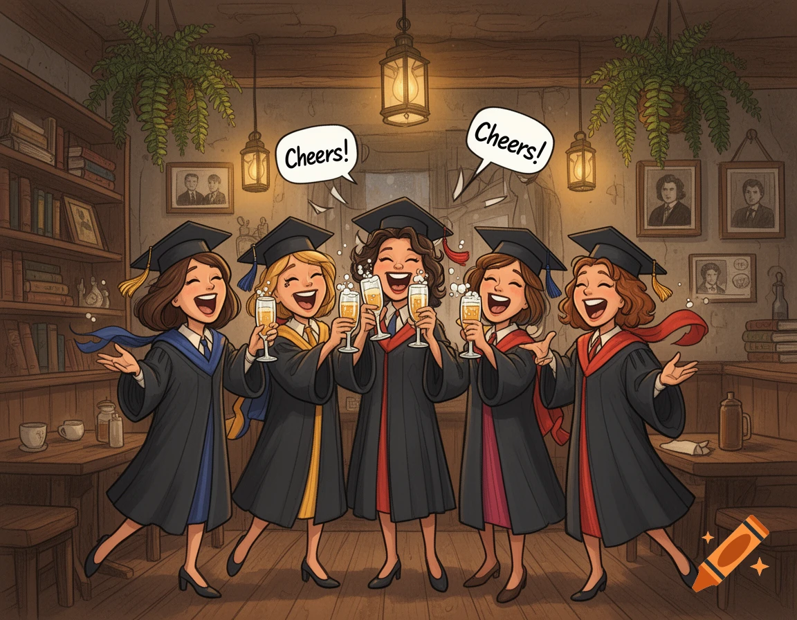 Five female graduates in caps and gowns happily toast with drinks in a cozy pub, cartoon style.