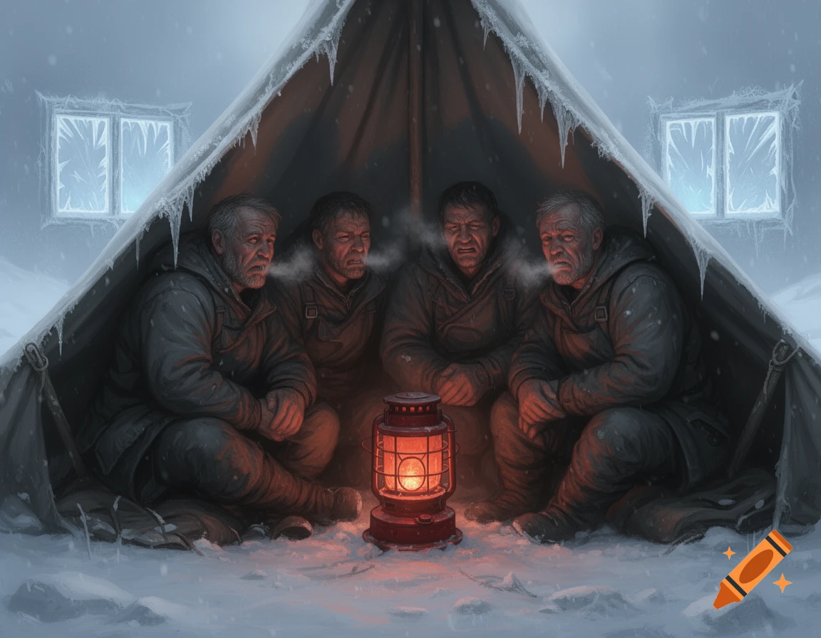 Four men huddle around a glowing red lantern in a tent during a harsh winter, their breath visible in the cold air.