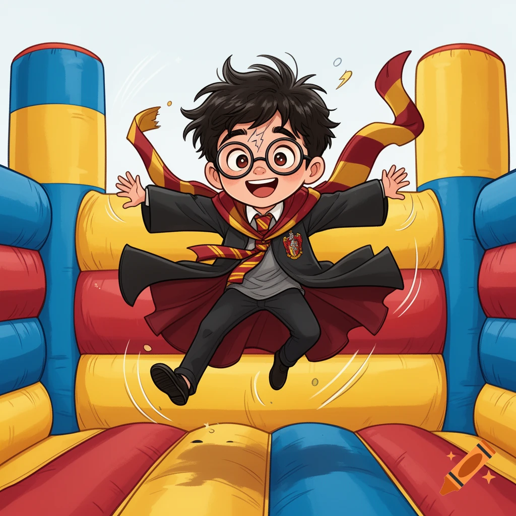 Cute cartoon Harry Potter, wearing his robe and scarf, happily jumping in a colorful red, blue, and yellow bouncy castle.