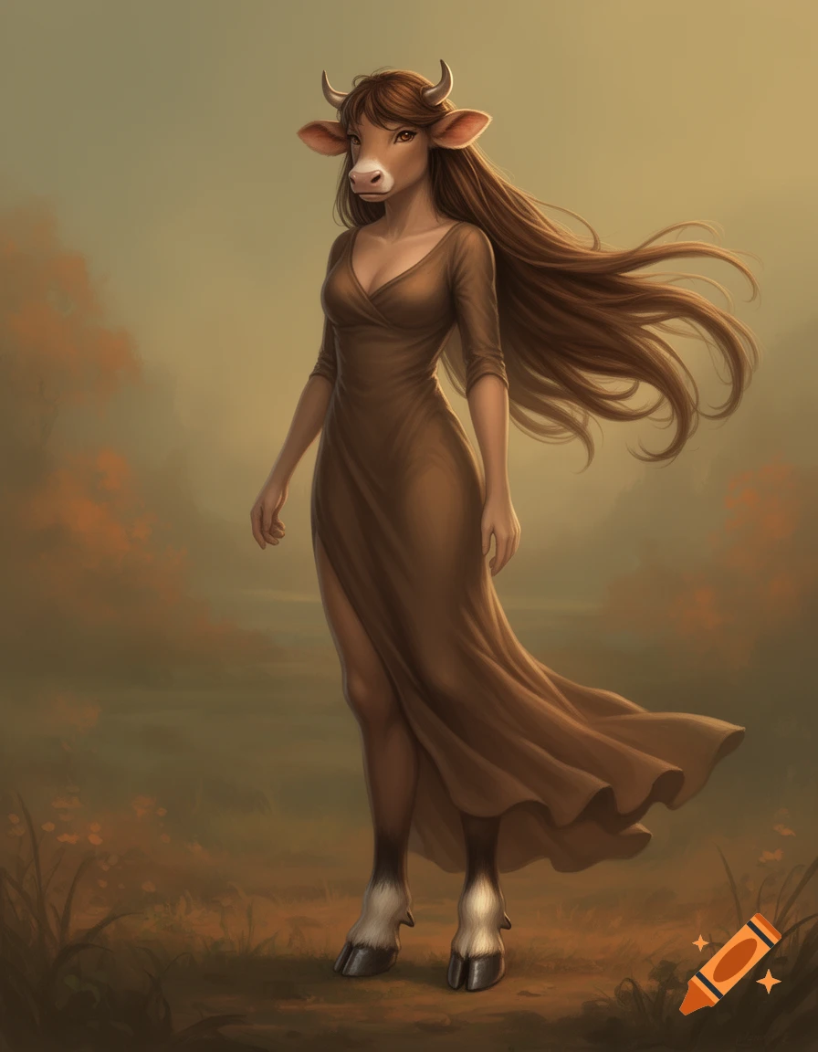 A full-body digital painting of a bovine demihuman woman in a brown dress, with long brown hair, cow ears, small horns, and hooves, standing in a misty field.
