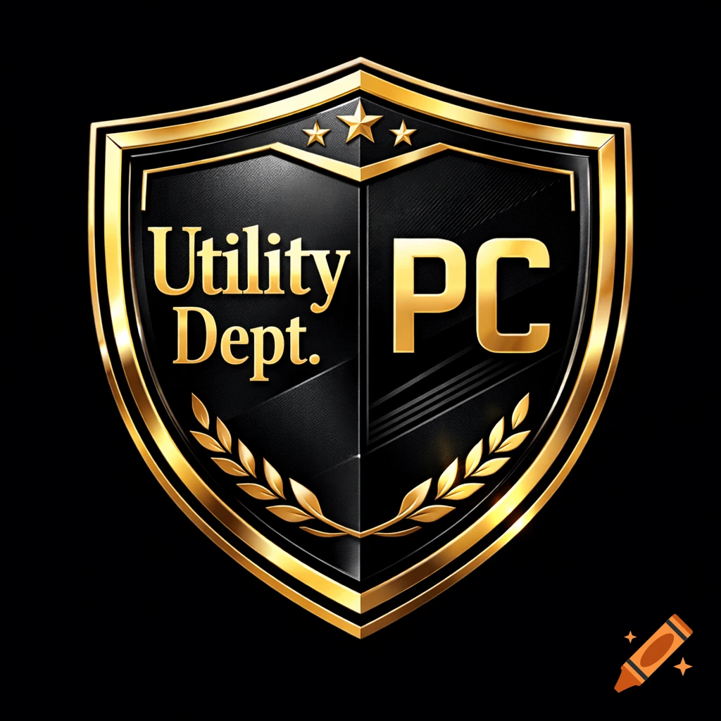 Black and gold shield emblem logo with 'Utility Dept.' and 'PC' text, three stars, and a laurel wreath.
