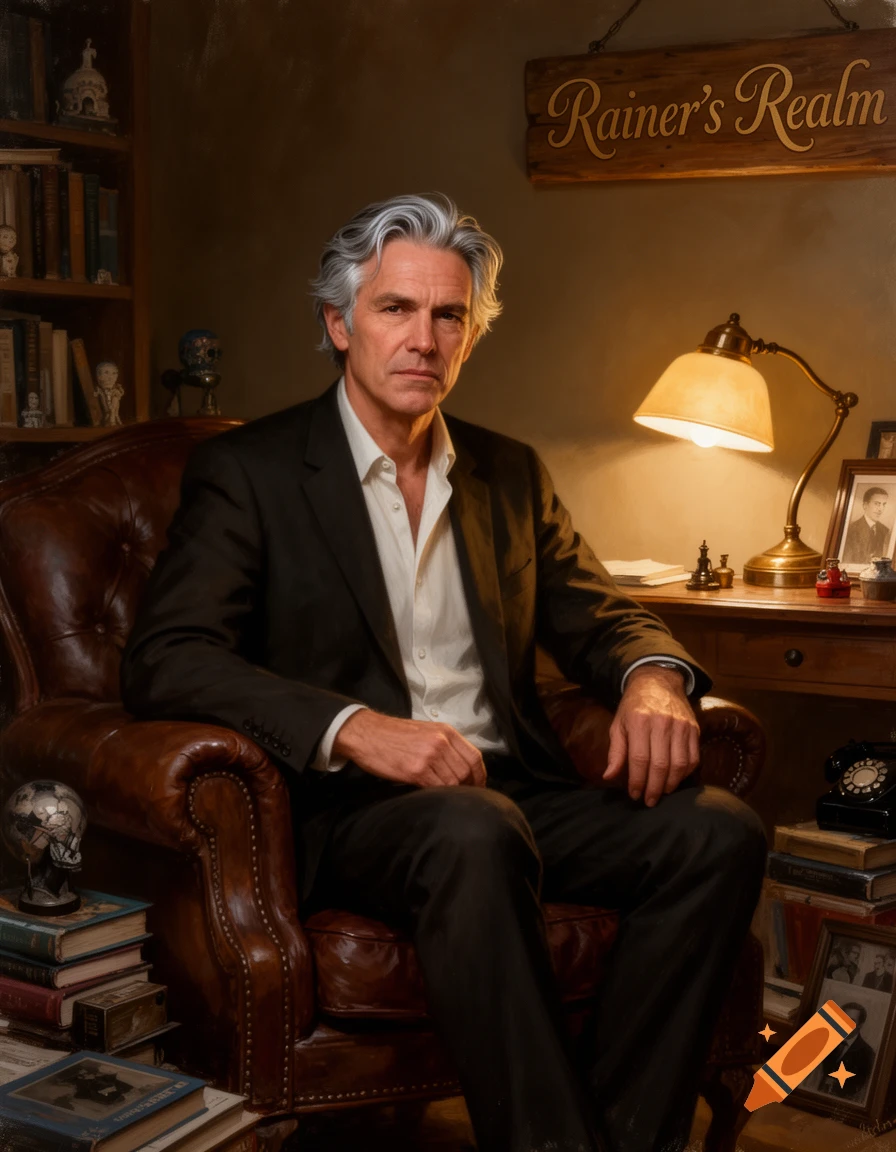 A distinguished man with gray hair sits in a leather armchair in a warmly lit study, beneath a sign reading "Rainer's Realm".