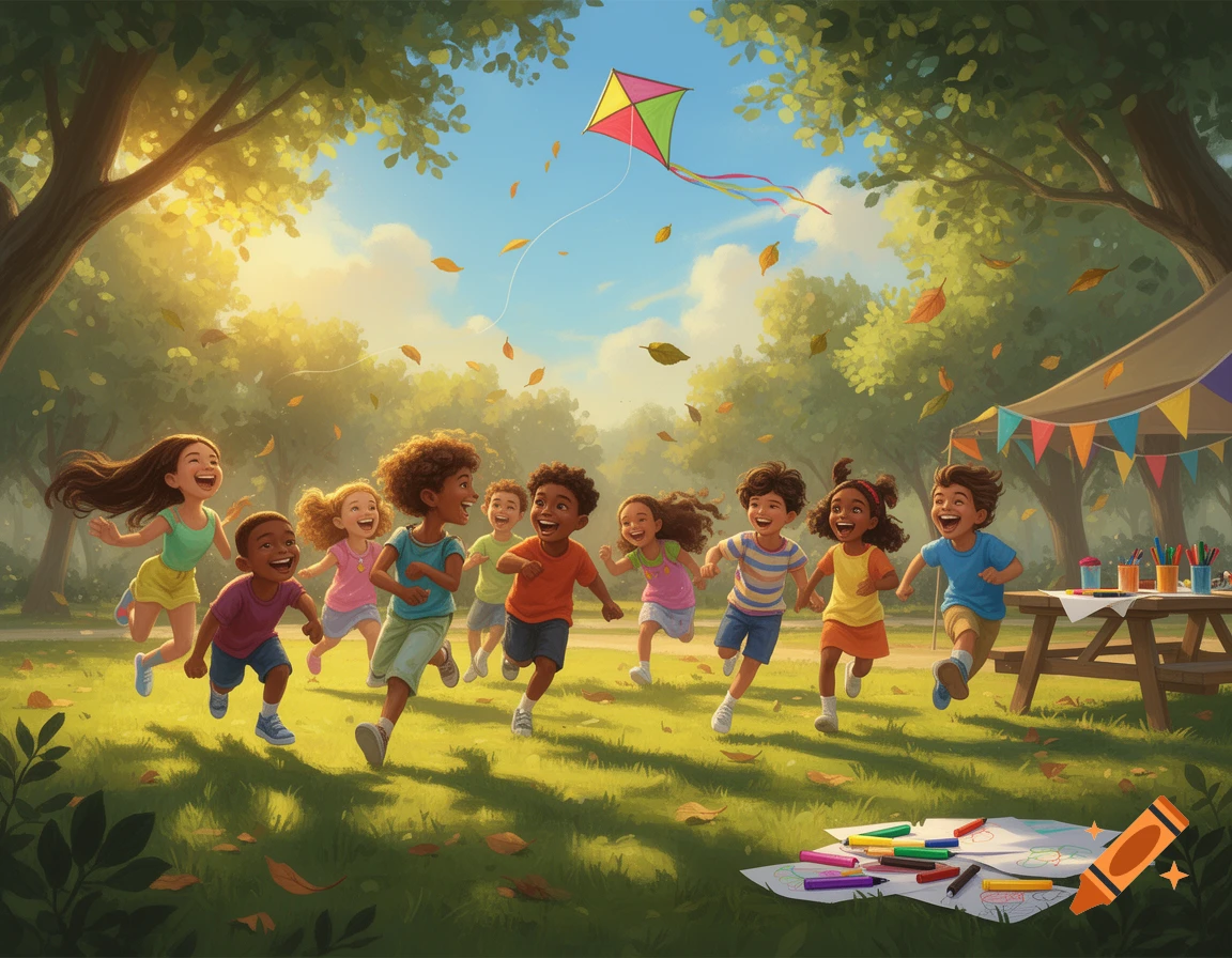 Vibrant illustration of diverse children running happily in a sunny park, with a kite flying and colorful leaves falling.