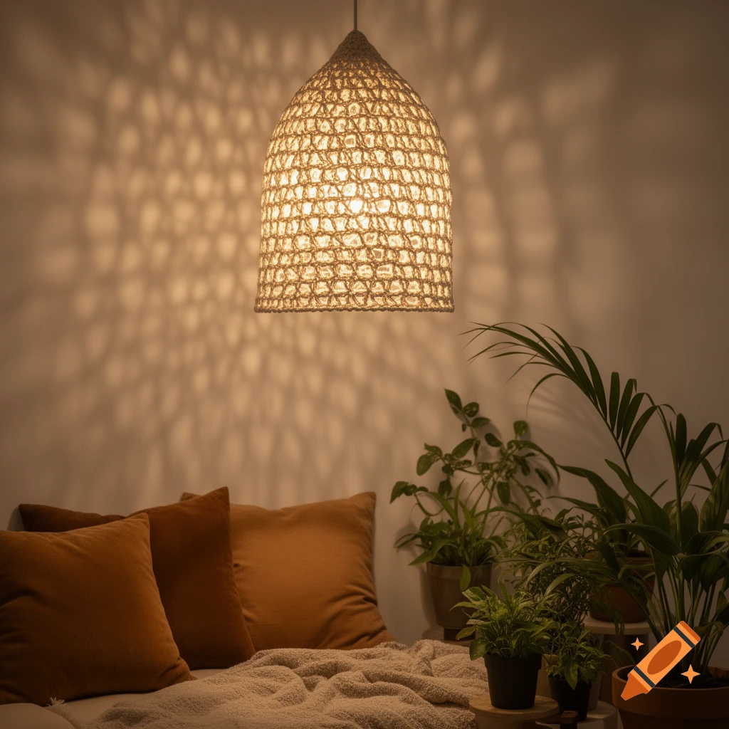 A crocheted pendant lamp casts a warm, patterned glow on a wall above a bed with rust-colored pillows and potted plants.