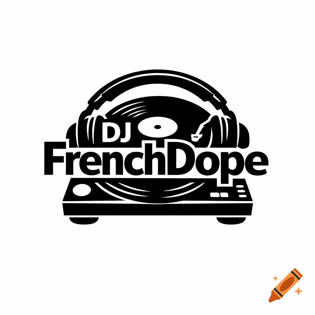 Black and white minimalist logo for DJ FrenchDope, featuring a vinyl turntable with headphones.