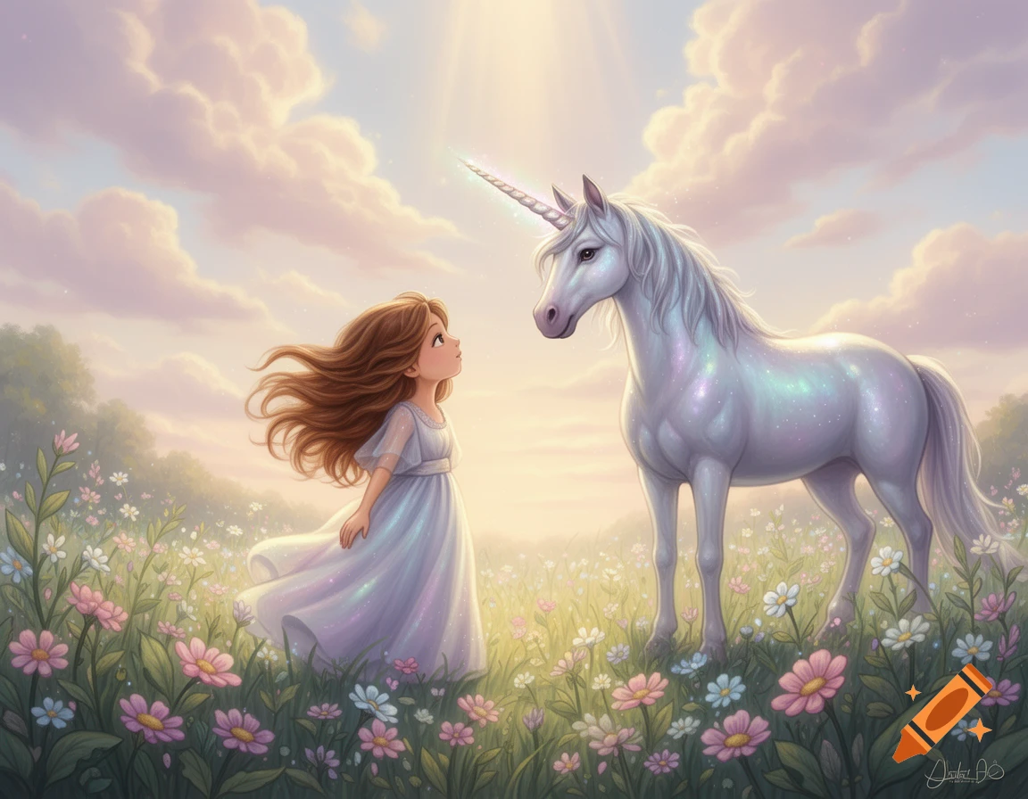 A fairytale illustration of a young girl with flowing hair and a majestic silver unicorn facing each other in a dreamy flower meadow under a pastel sky.
