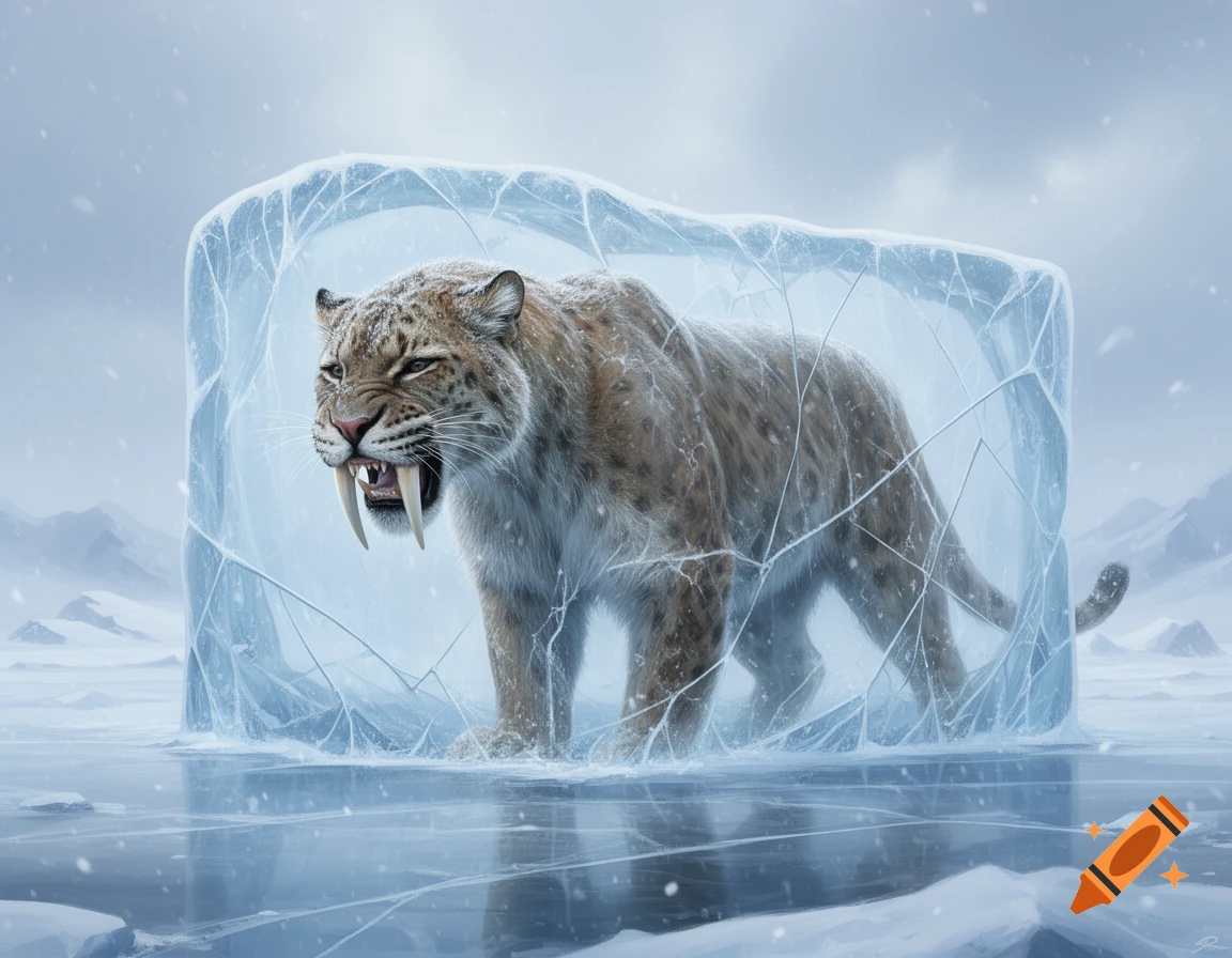 A snarling saber-toothed tiger trapped in a large block of ice in a snowy, desolate landscape.