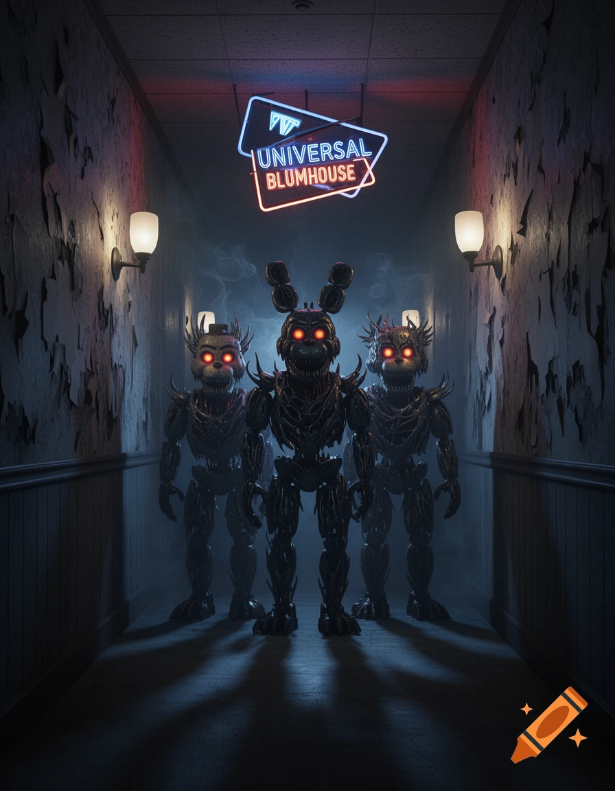 Three menacing Nightmare animatronics with glowing red eyes stand in a dark, peeling hallway under a 'Universal Blumhouse' neon sign.