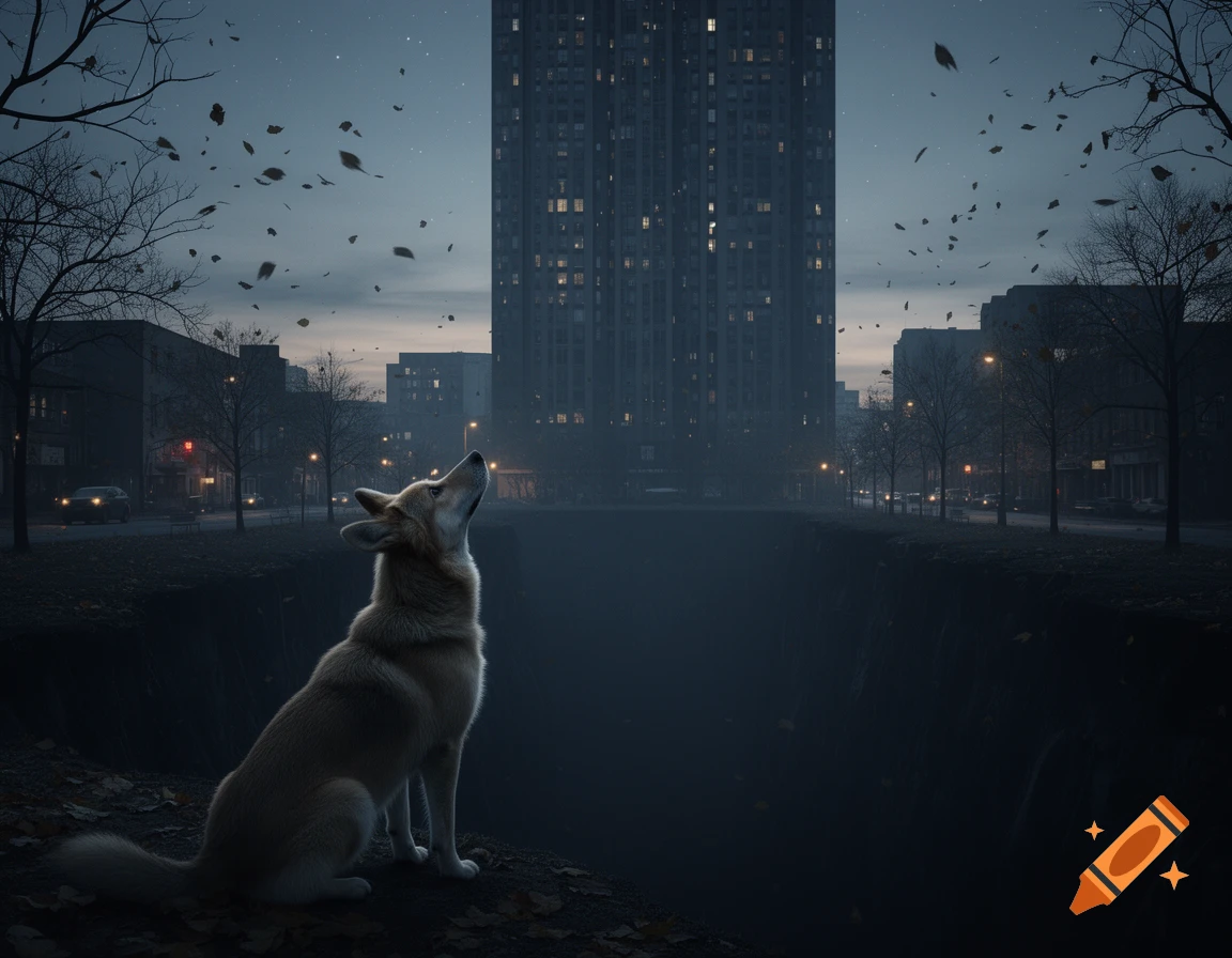 A photorealistic image of a dog sitting by a dark chasm, looking up at a tall city building at dusk with falling leaves.