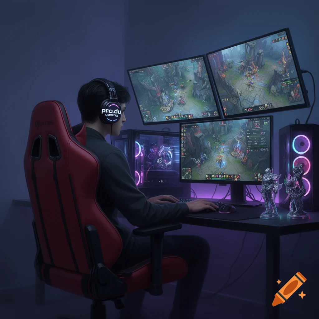 A person in a red gaming chair plays video games on a three-monitor setup, surrounded by glowing RGB lights in a dark room.