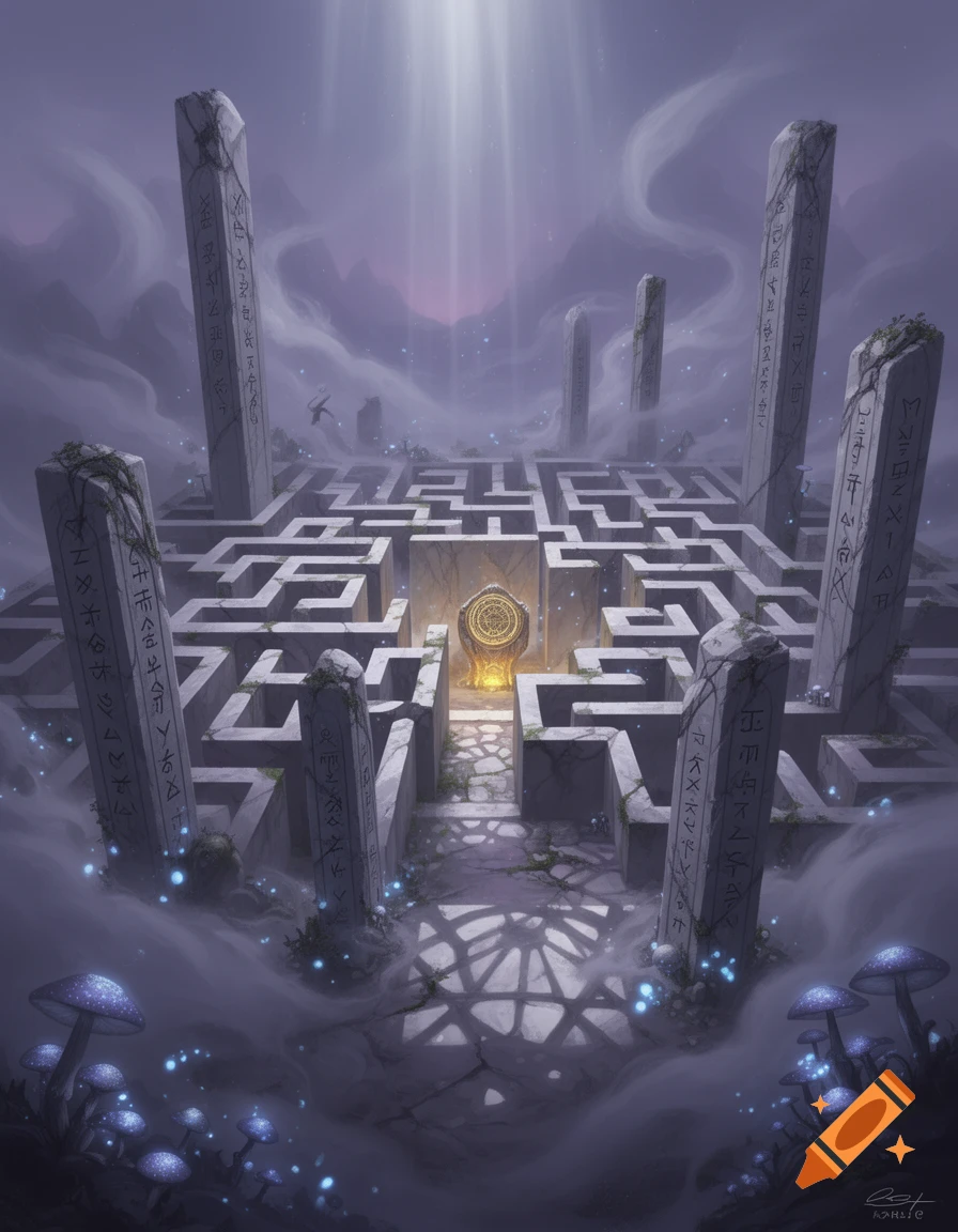 A mystical ancient labyrinth with towering rune-carved pillars, ethereal fog, glowing mushrooms, and light from above hitting a central golden symbol.