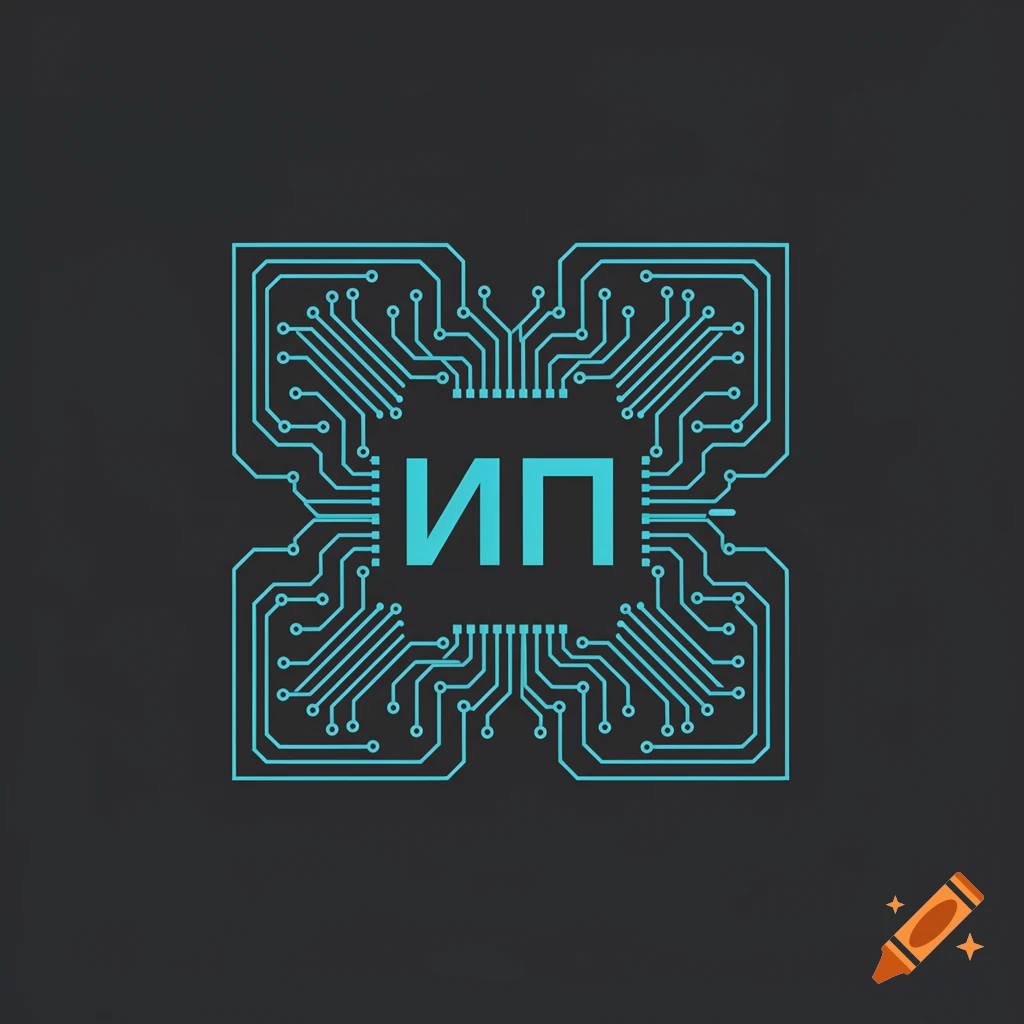 Minimalist vector logo featuring cyan Russian letters 'ИП' at the center, surrounded by a square pattern of circuit board paths on a dark charcoal background.