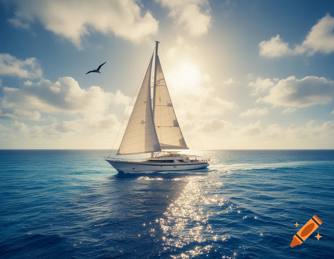 A white sailboat cruises on a deep blue ocean under a partly cloudy sky with bright sun glare on the water.