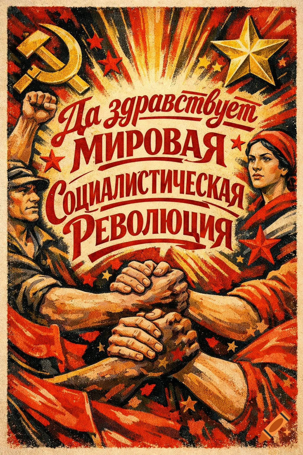 A stylized Soviet-era propaganda poster showing a man and a woman in work clothes shaking hands, with text in Russian and communist symbols.