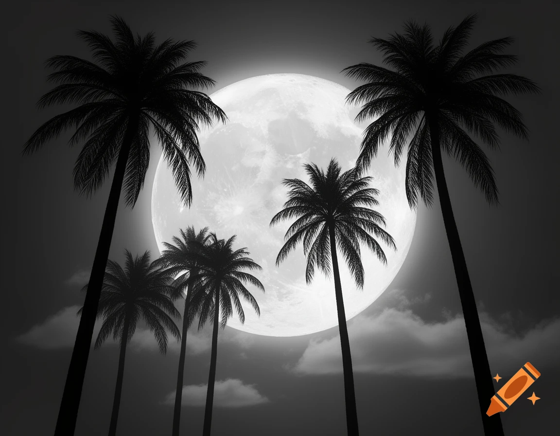 Black and white silhouette of palm trees against a large, bright full ...