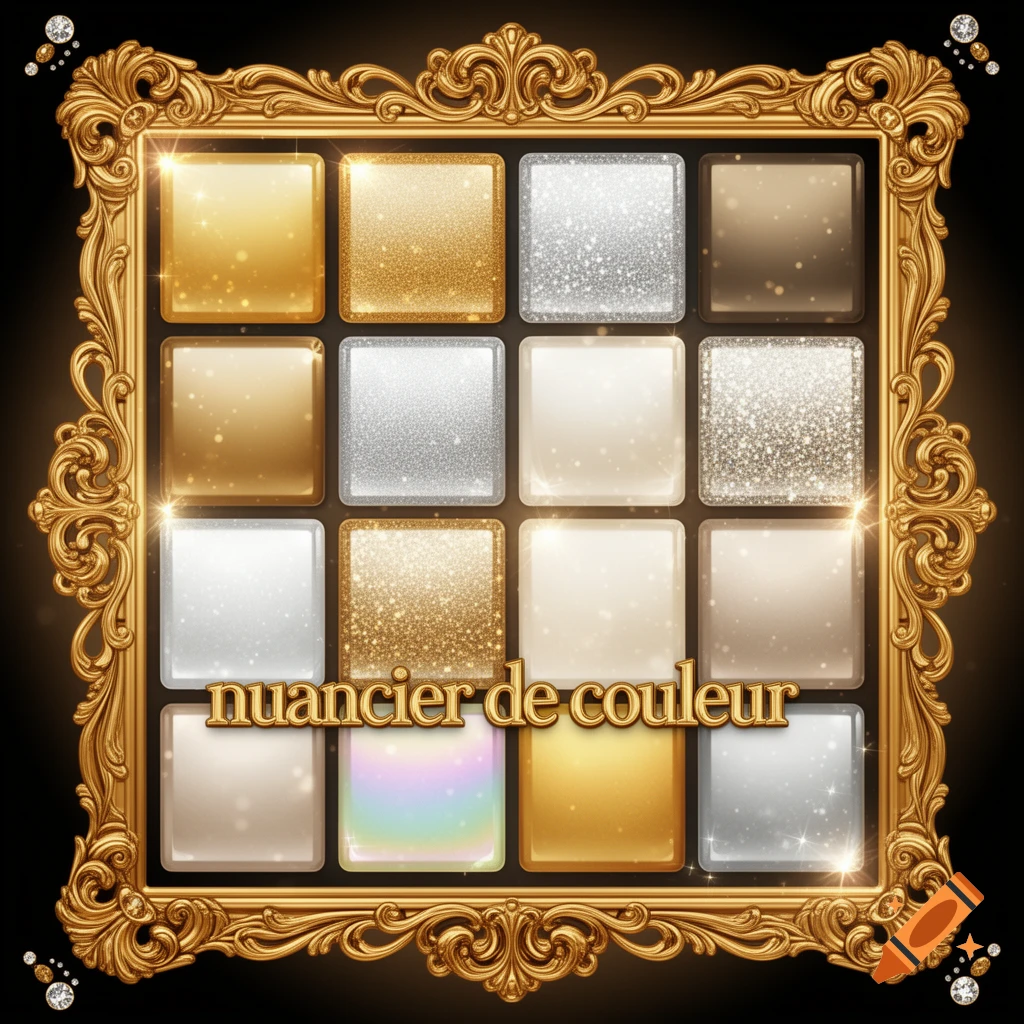 A bling-bling color chart with gold and silver square swatches, some ...