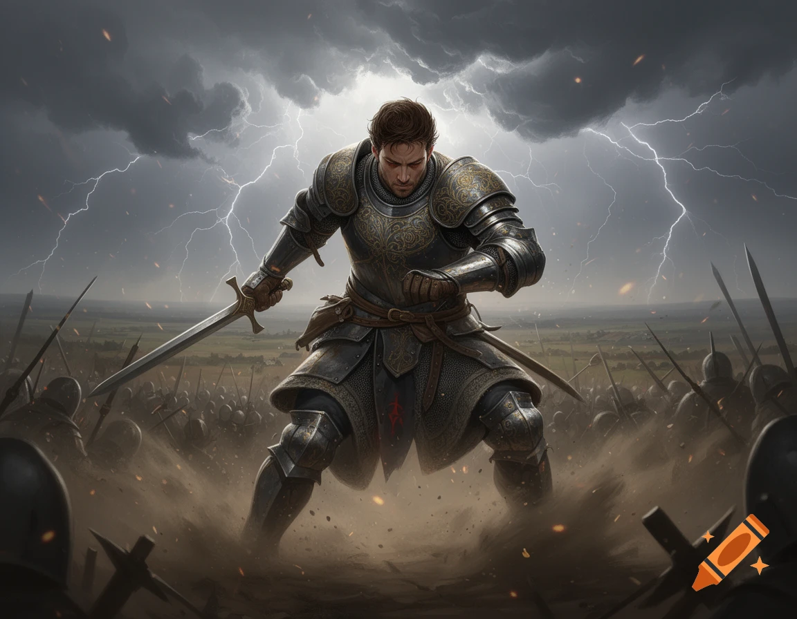 A heroic knight in ornate armor wields a sword on a stormy battlefield with lightning in the sky and an army in the background.