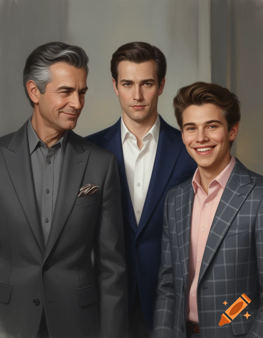 Digital portrait of three handsome men, a father and his two sons, dressed in suits.