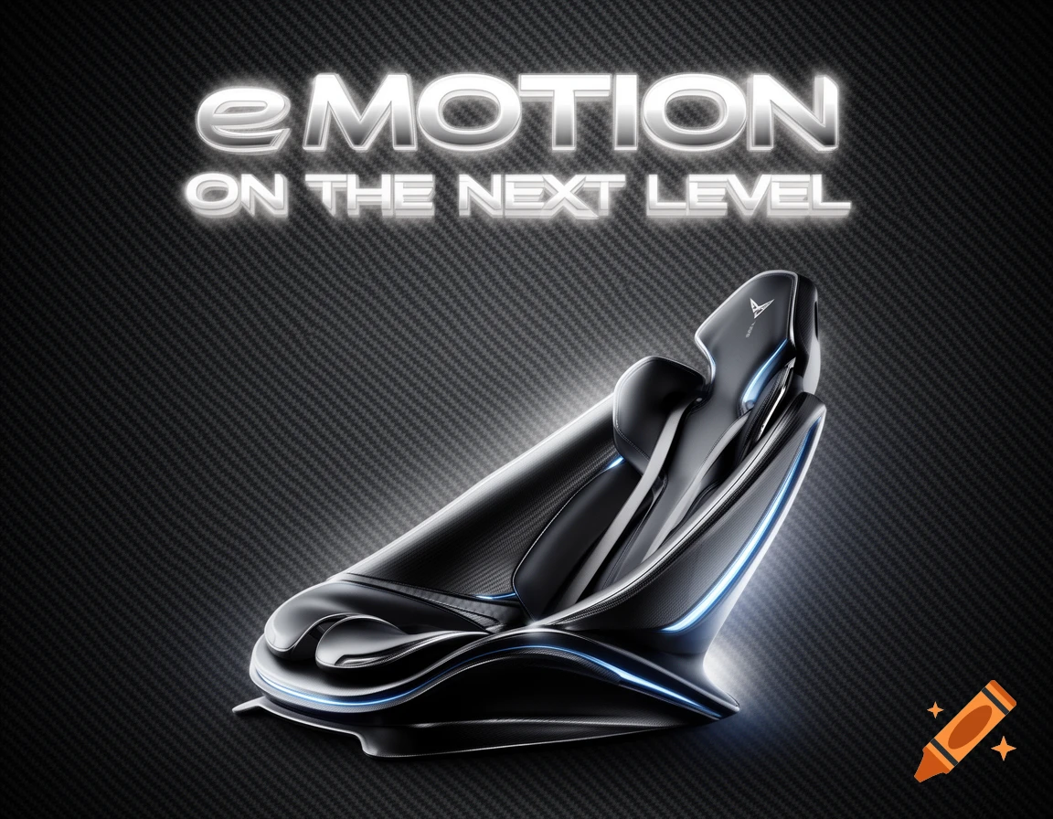 Sleek black futuristic car seat with blue glowing accents on a carbon fiber background, text reads 'eMOTION ON THE NEXT LEVEL'.