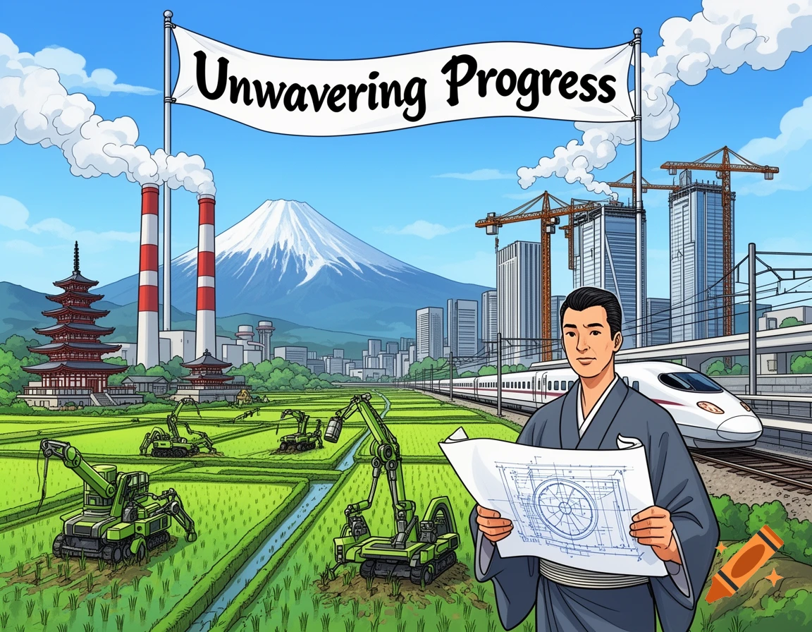 Cartoon of industrializing Japan: Mt. Fuji, factories, traditional buildings, modern city, bullet train, and a man holding blueprints.