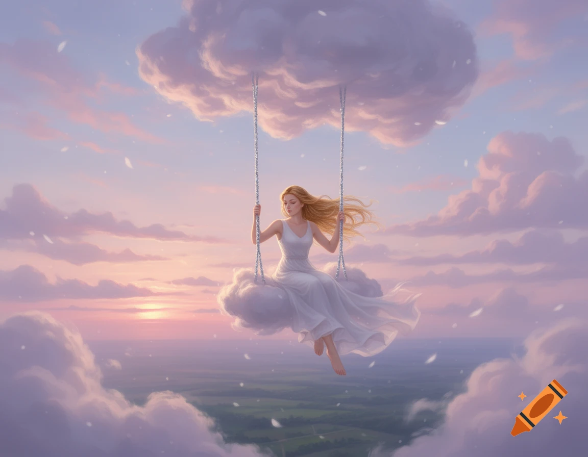 A woman with blonde hair swings on a cloud swing in a pastel sunset sky, looking down at the landscape.