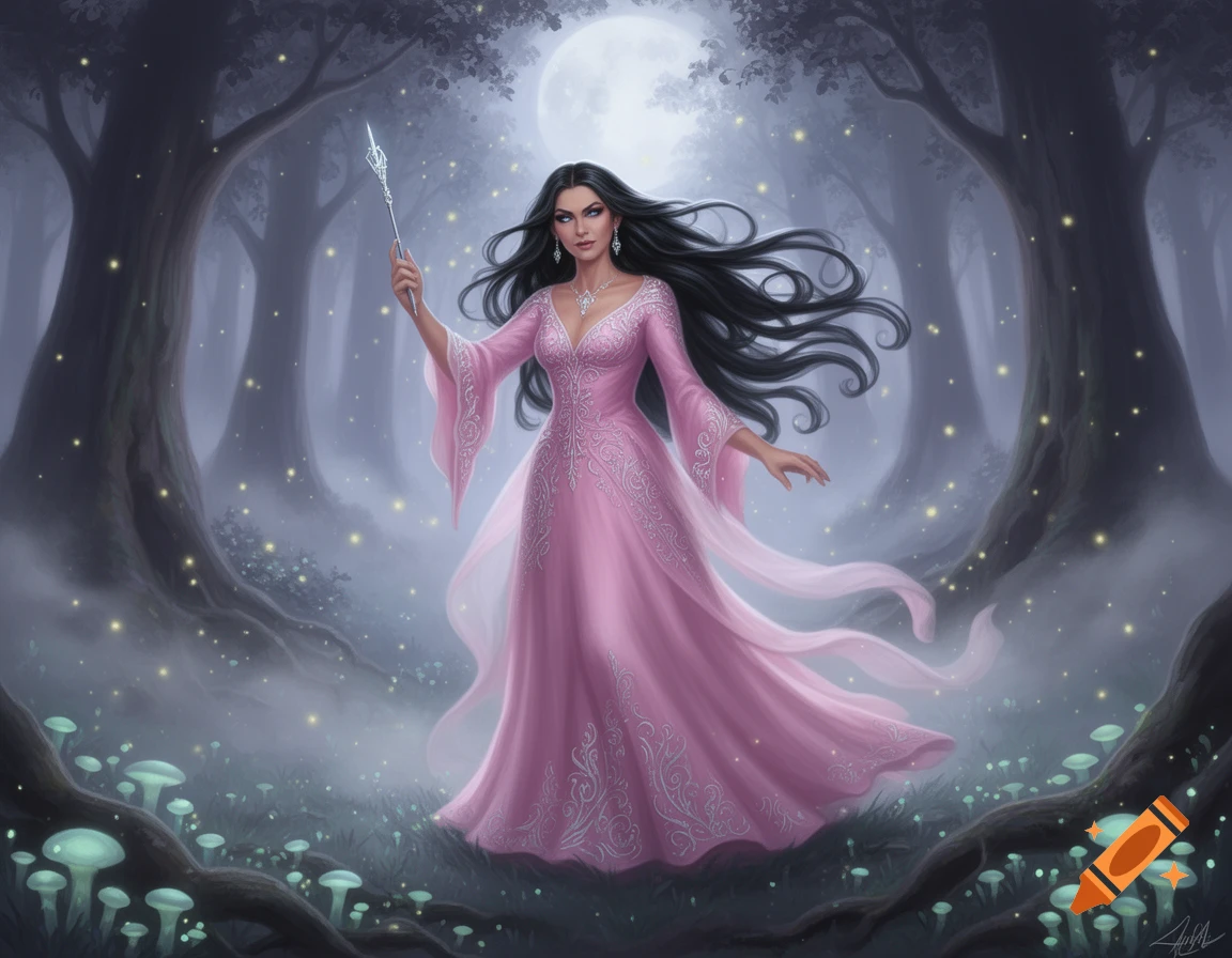 A woman in a pink dress holds a magical wand in a misty forest with glowing mushrooms and fireflies under a full moon.