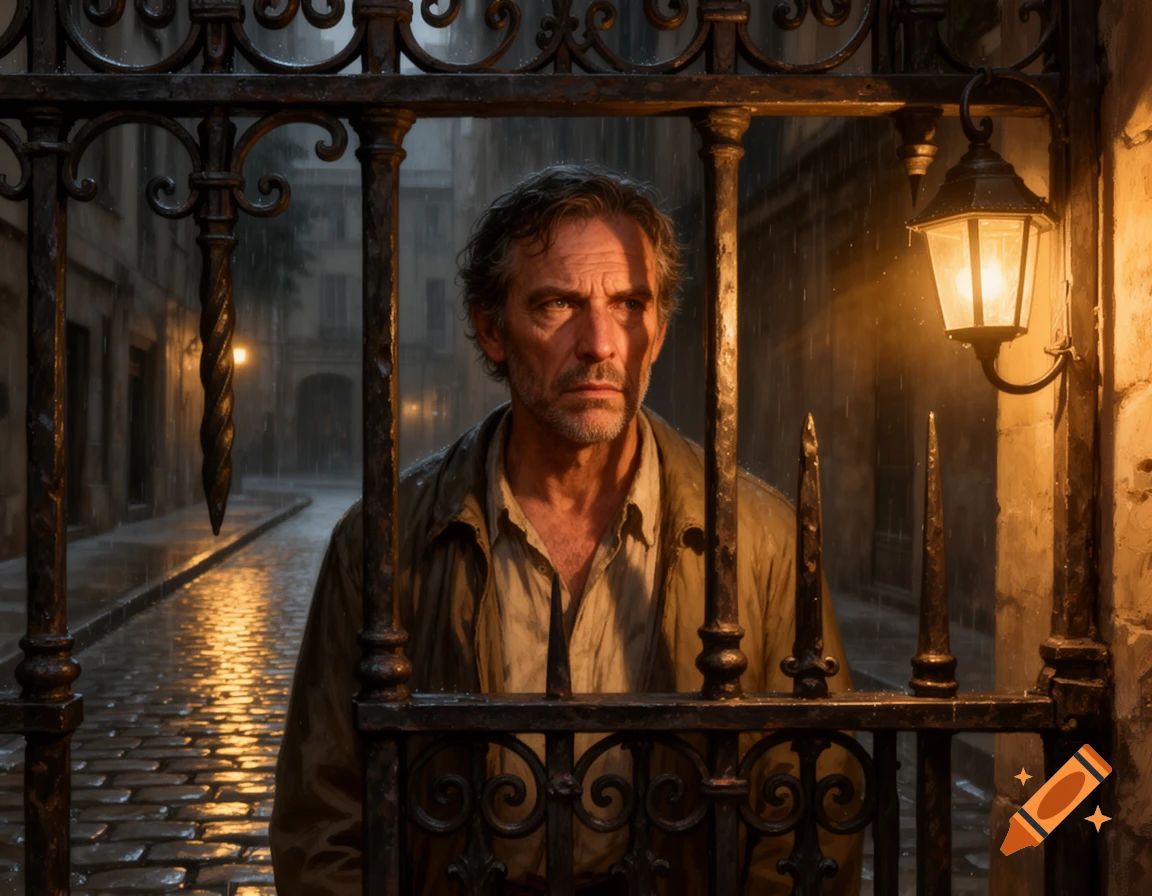 Photorealistic portrait of a serious man with a beard looking out from behind a dark iron gate on a rainy city street at night.
