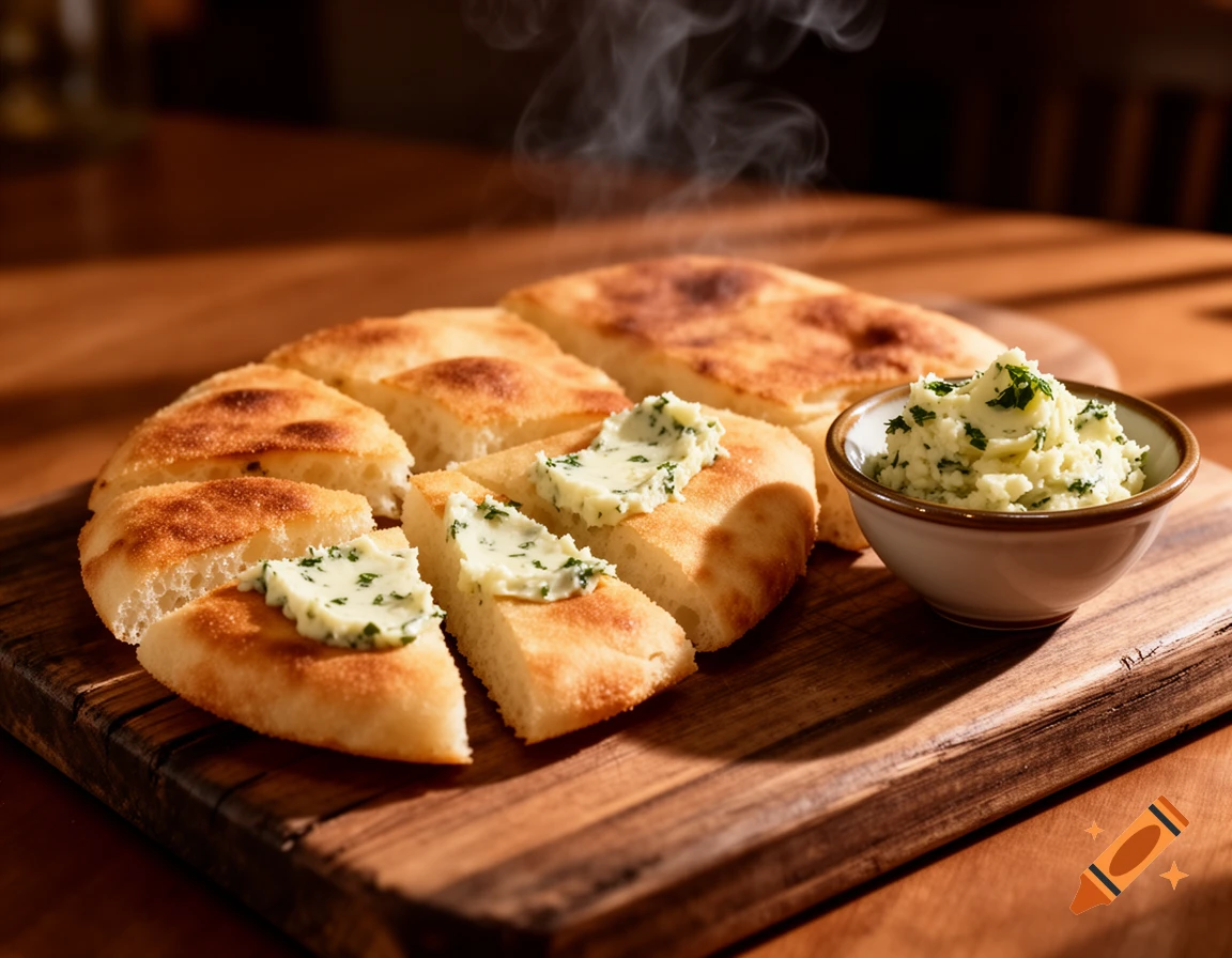 Steaming bolo do caco flatbread slices with garlic herb butter on a wooden board, shot in warm restaurant lighting.