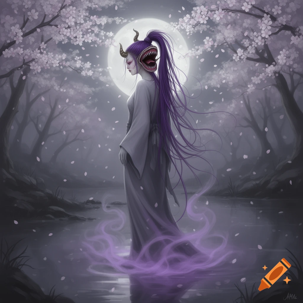 A futakuchi-onna with purple hair and horns stands in a moonlit pond with cherry blossoms in a dark fantasy style.