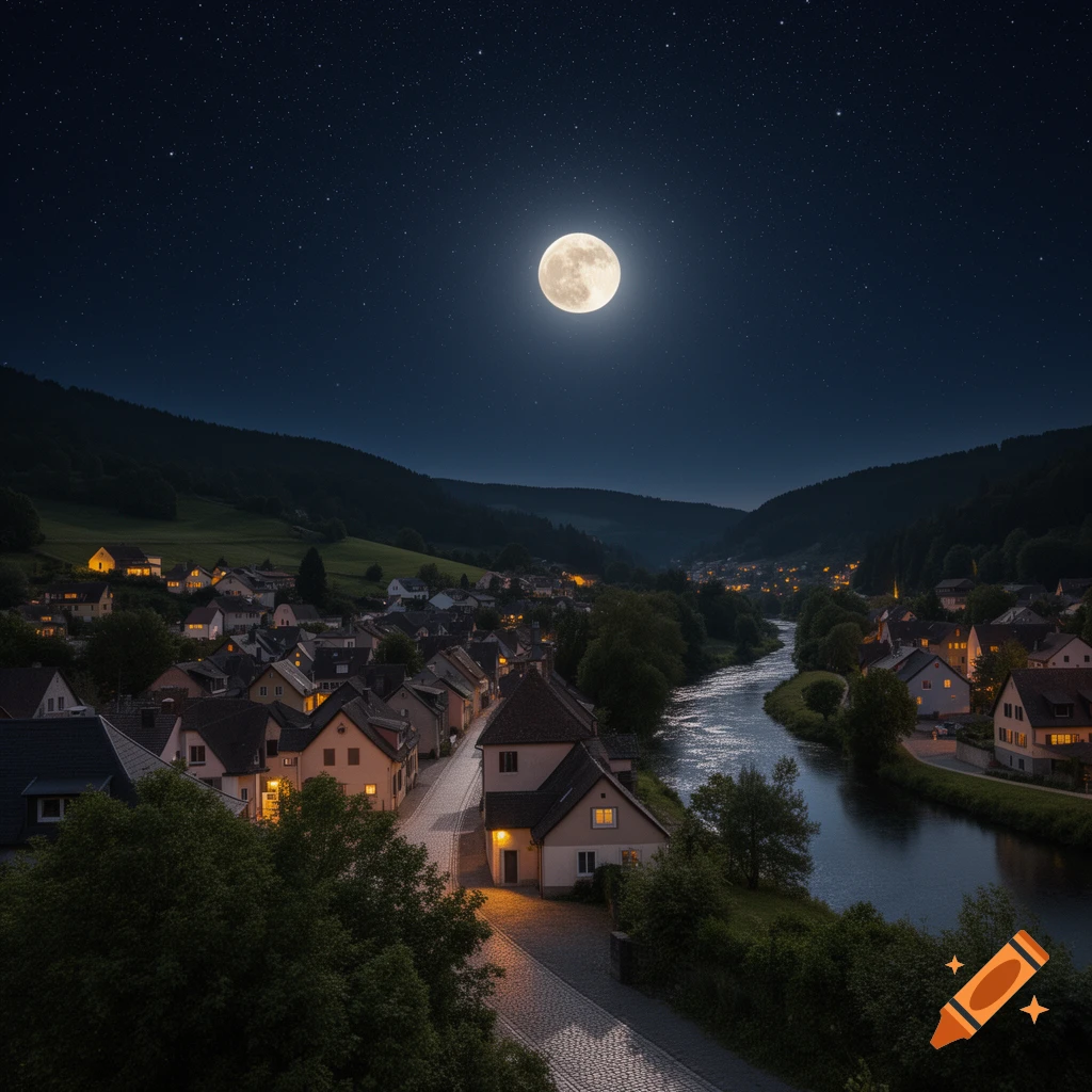 A tranquil village nestled in a valley at night, with a river flowing through it under a bright full moon and starry sky.
