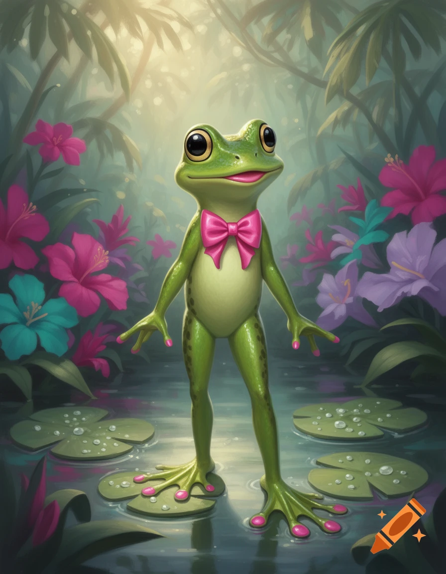 A cute, cartoonish green frog with a pink bow tie and pink nails stands on lily pads in a vibrant jungle pond.