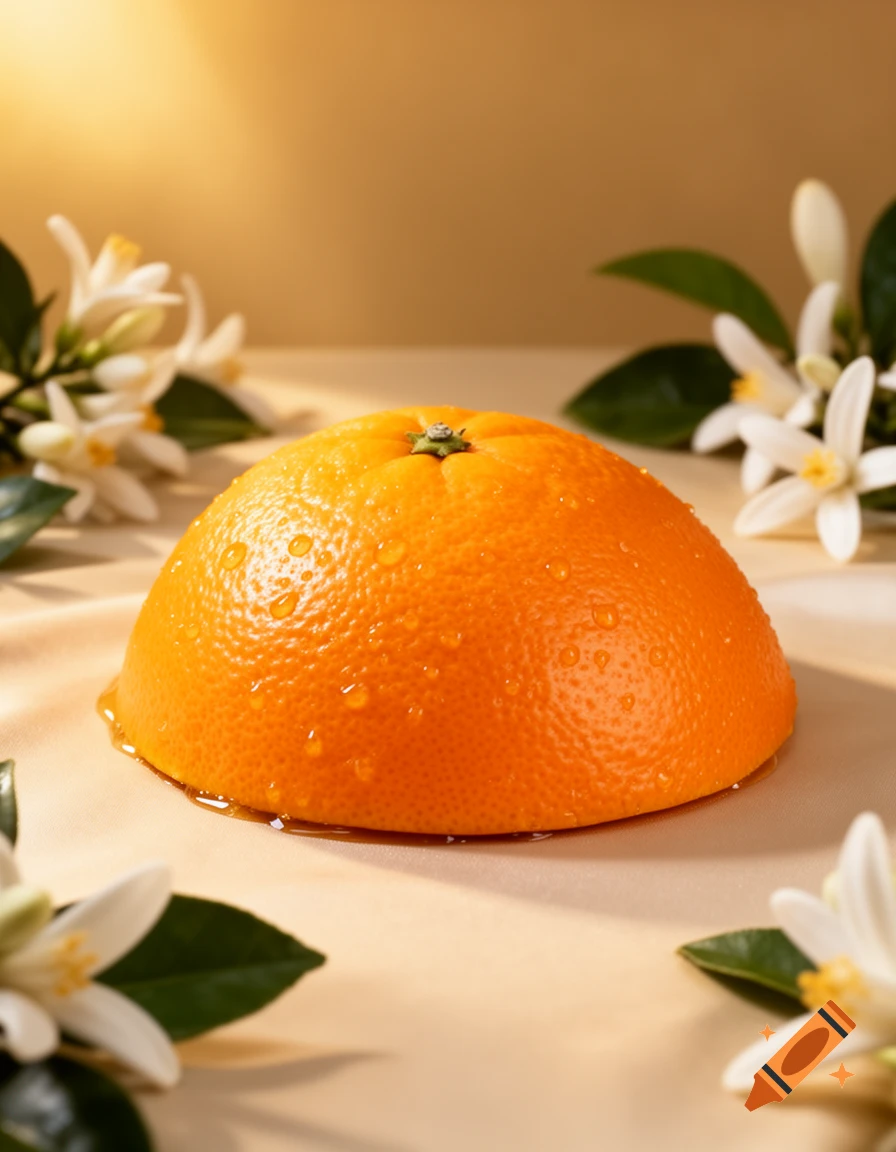 A halved orange with water droplets surrounded by white blossoms on a light background, bathed in warm sunlight.