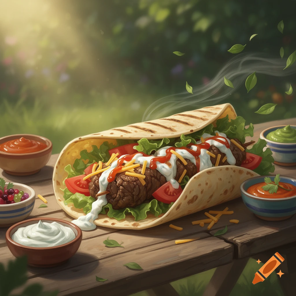 A close-up of a kebab-filled tortilla with lettuce, tomatoes, cheese, and sauces on a wooden table outdoors with a lush green background.