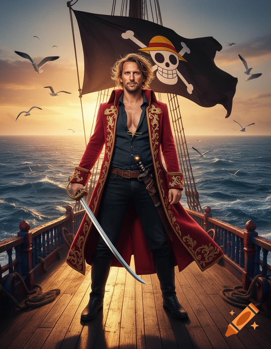 A photorealistic man in a red pirate coat stands on a ship deck with a sword, a pirate flag with a straw hat skull and crossbones behind him at sunset.
