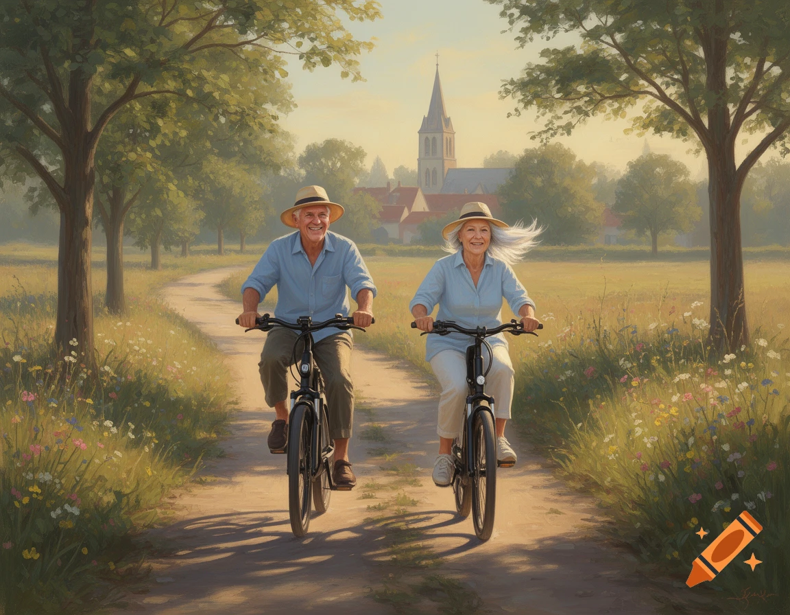 A smiling elderly couple rides bikes down a winding dirt path through a sunny, flower-filled field, with trees and a village in the distance, in a painterly style.