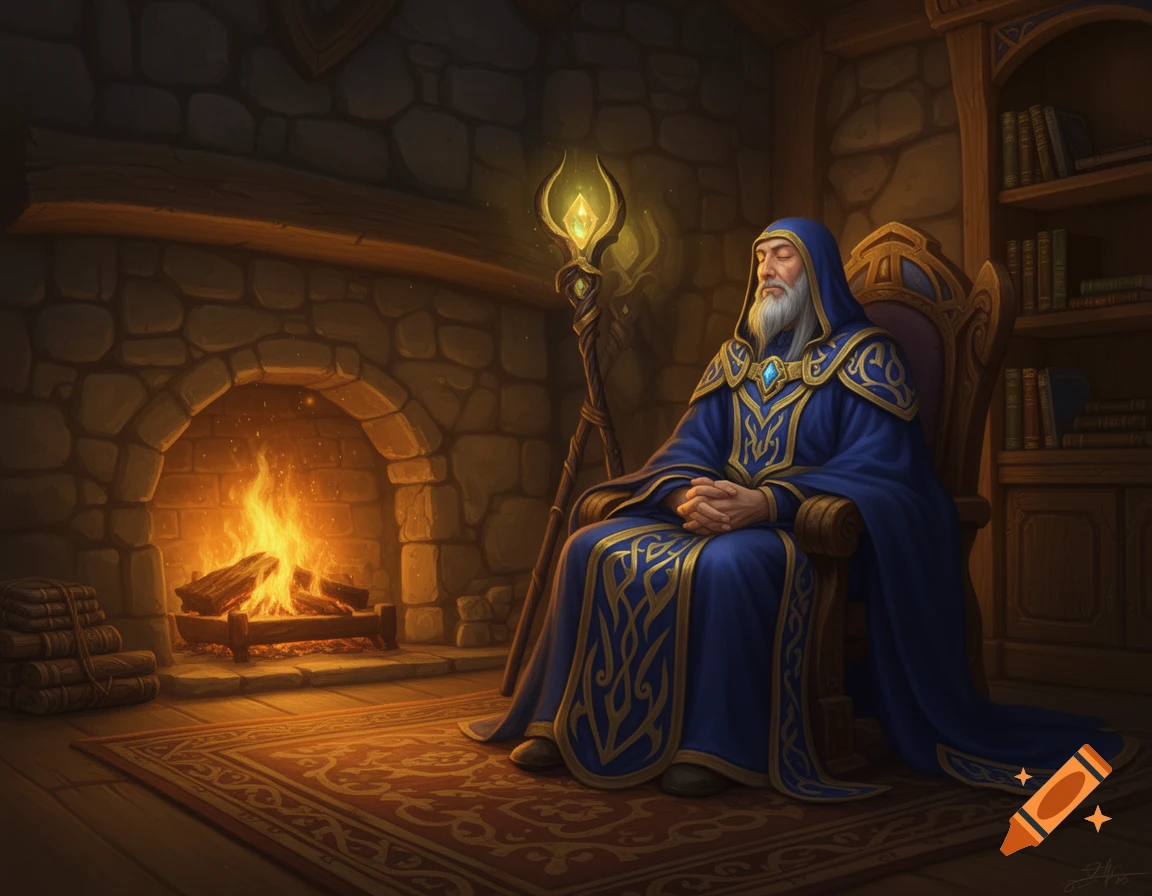 An old wizard in blue and gold robes rests in a chair by a glowing fireplace in a cozy, book-filled room, his staff nearby.