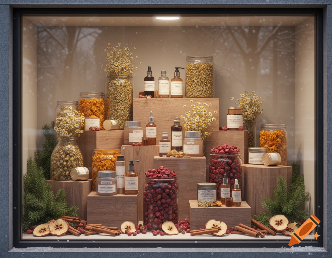 A warm, cozy shop window display featuring herbal skincare products, jars of dried botanicals, and winter decorations like pine branches, cinnamon, and dried apples.