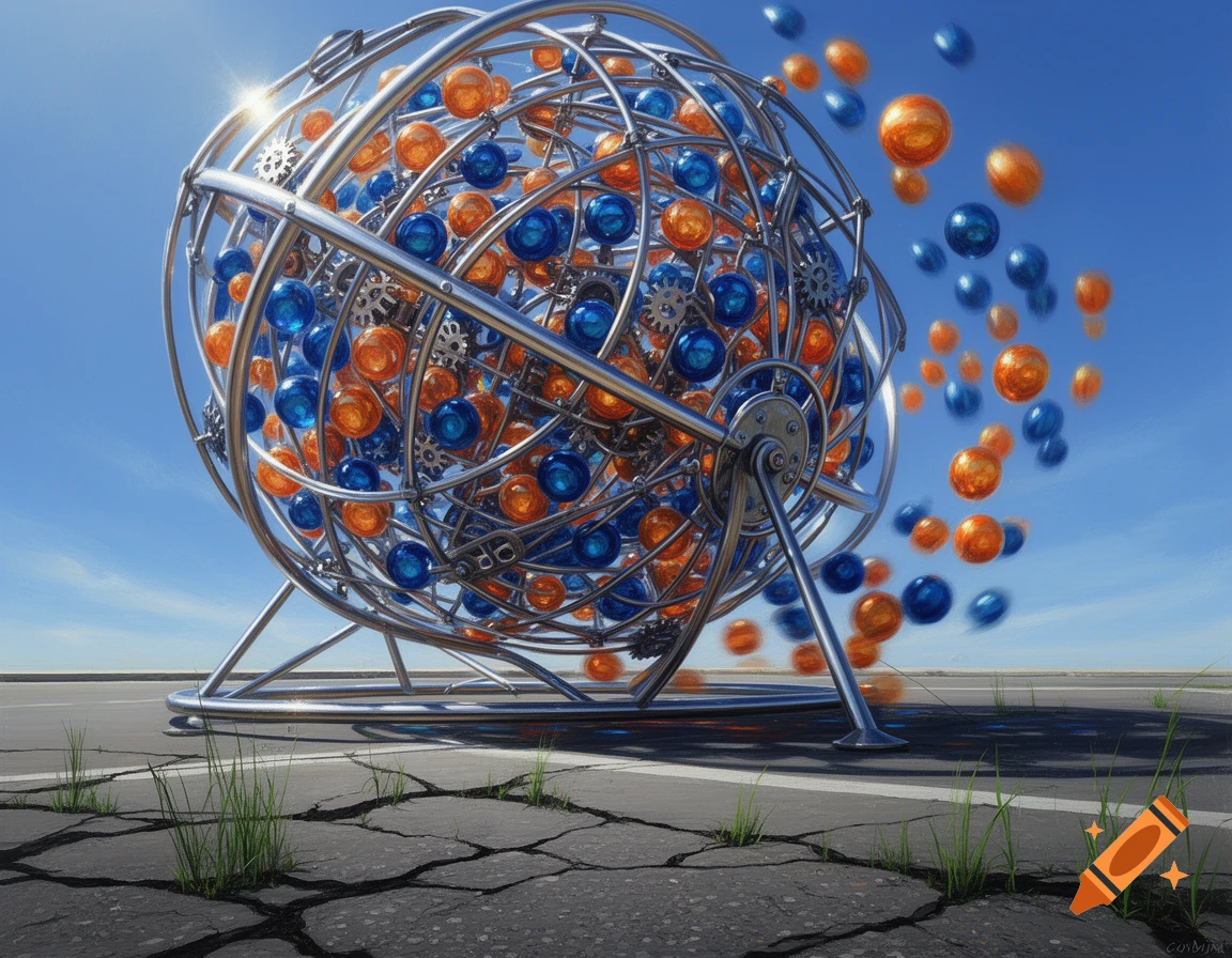 A large, shiny chrome ball machine filled with blue and orange spheres sits on cracked asphalt under a blue sky, with balls flying out.