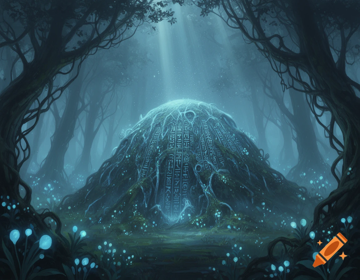 A mystical forest scene featuring a glowing, symbol-covered mound surrounded by eerie trees and bioluminescent plants, illuminated by shafts of light.