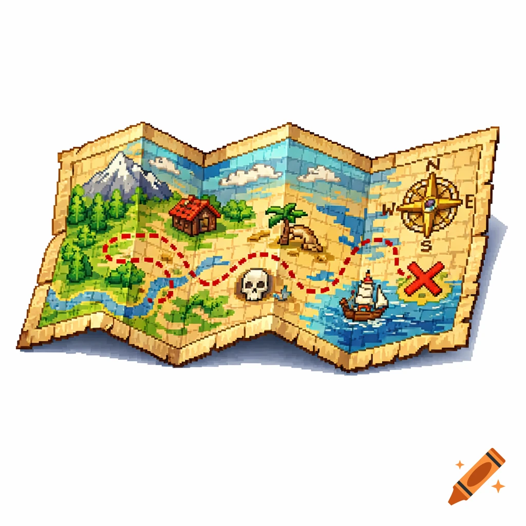 An unfolded pixel art treasure map showing mountains, forests, a cabin, a beach with a palm tree, a skull, a ship, a compass rose, and a red X marking the spot.
