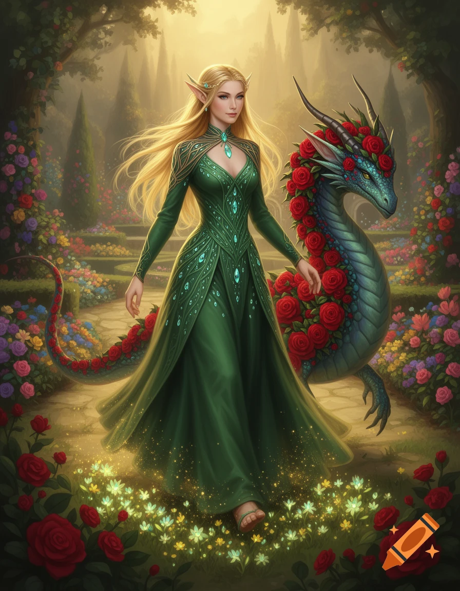 An elven princess in a green crystal-lined dress walks with a rose-covered dragon in a magical, glowing garden.