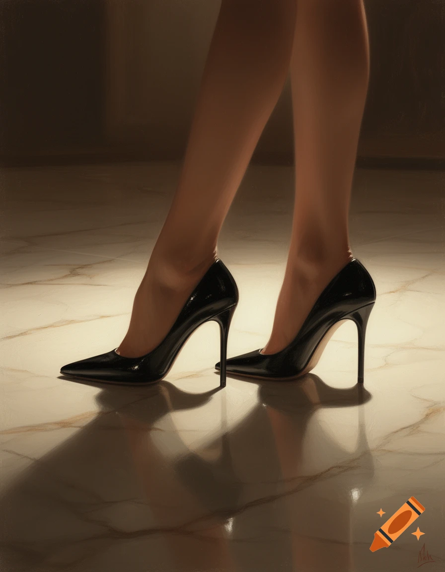 A pair of legs in black high heels stands on a reflective marble floor, casting long shadows.