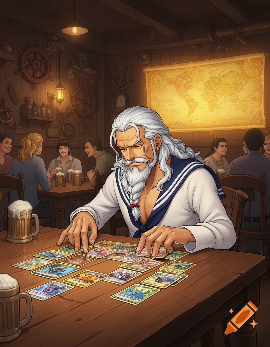 Anime style Silvers Rayleigh from One Piece plays a card game in a dim tavern, surrounded by other patrons and a world map on the wall.