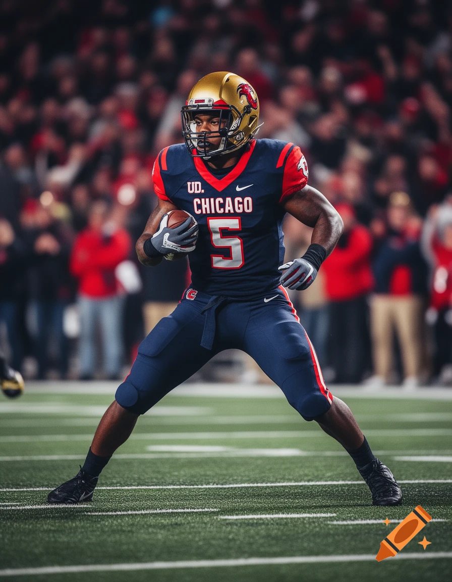 A football player in a navy blue and red uniform with number 5 stands on a green field in a stadium.