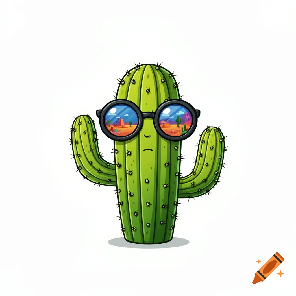 A cartoon cactus wearing round sunglasses that reflect a desert landscape, standing on a white background.